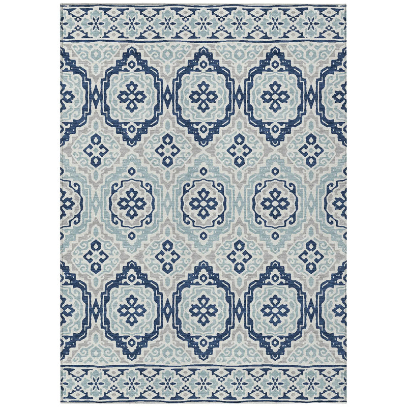 9' X 12' Navy Blue And Aqua Tribal Washable Indoor Outdoor Area Rug Homeroots Outdoor