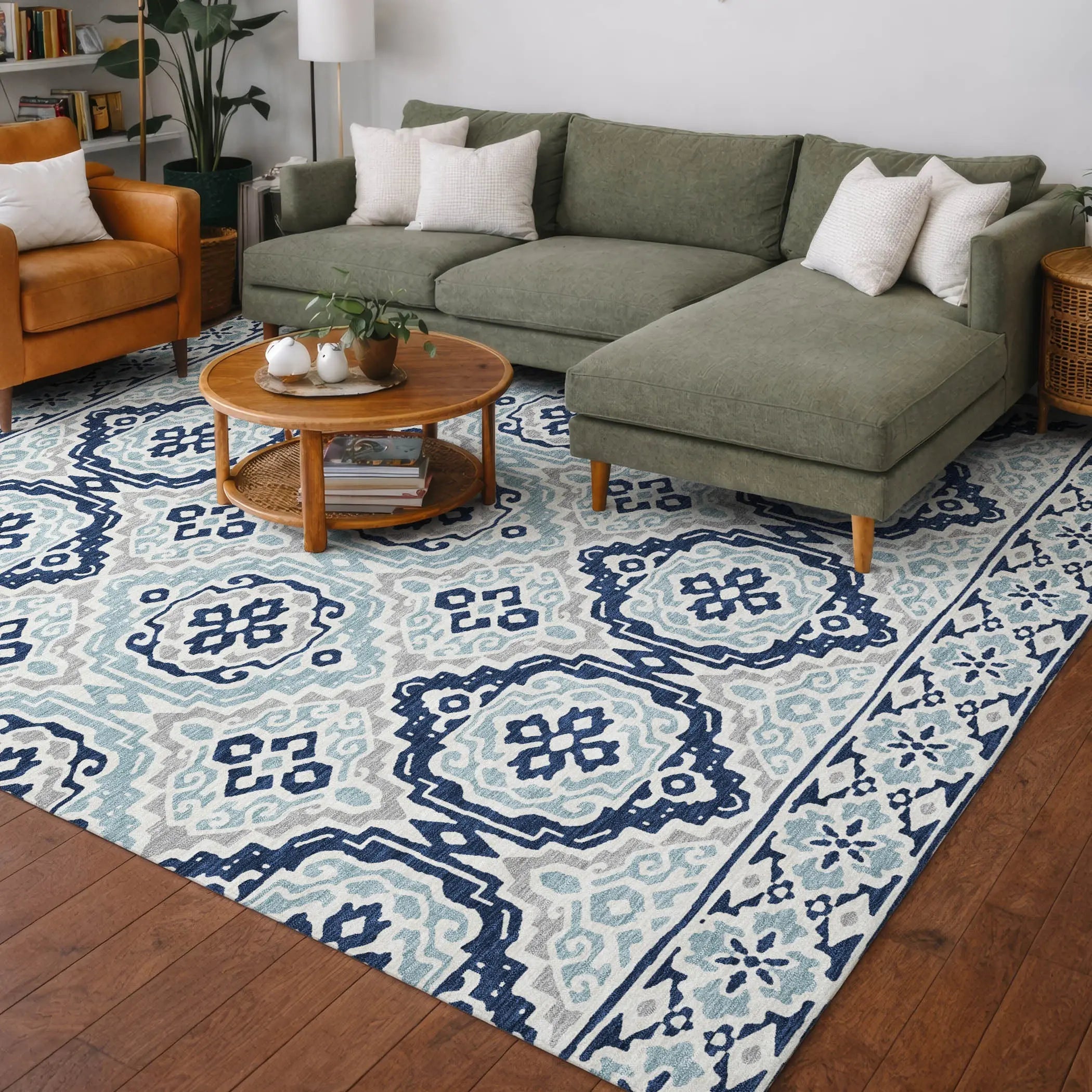 9' X 12' Navy Blue And Aqua Tribal Washable Indoor Outdoor Area Rug Homeroots Outdoor