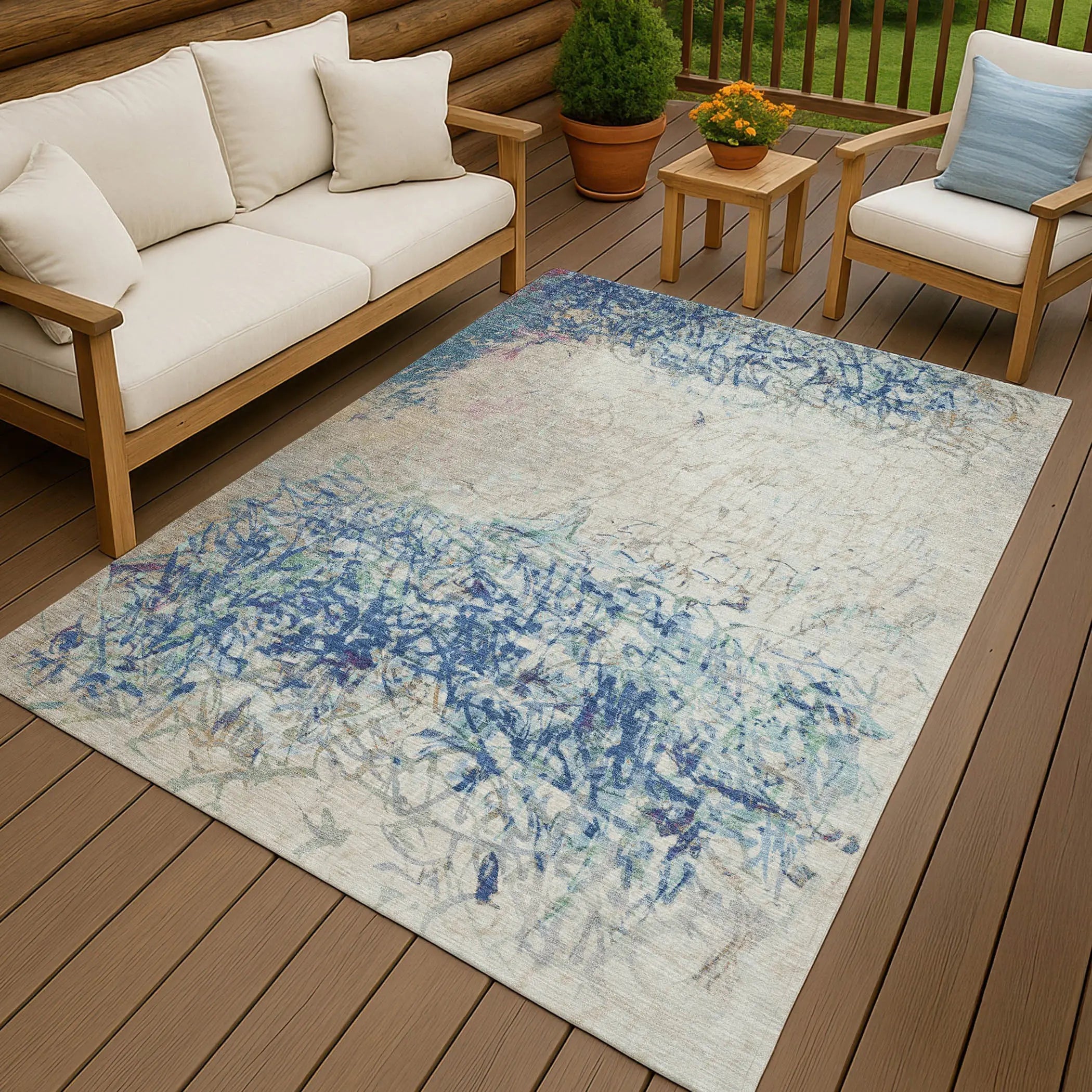 9' X 12' Navy Blue And Beige Abstract Washable Indoor Outdoor Area Rug Homeroots Outdoor