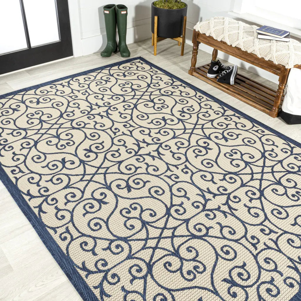 9' X 12' Navy Blue And Beige Geometric Indoor Outdoor Area Rug Homeroots Outdoor
