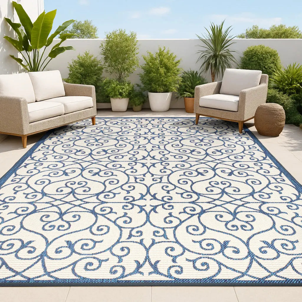 9' X 12' Navy Blue And Beige Geometric Indoor Outdoor Area Rug Homeroots Outdoor