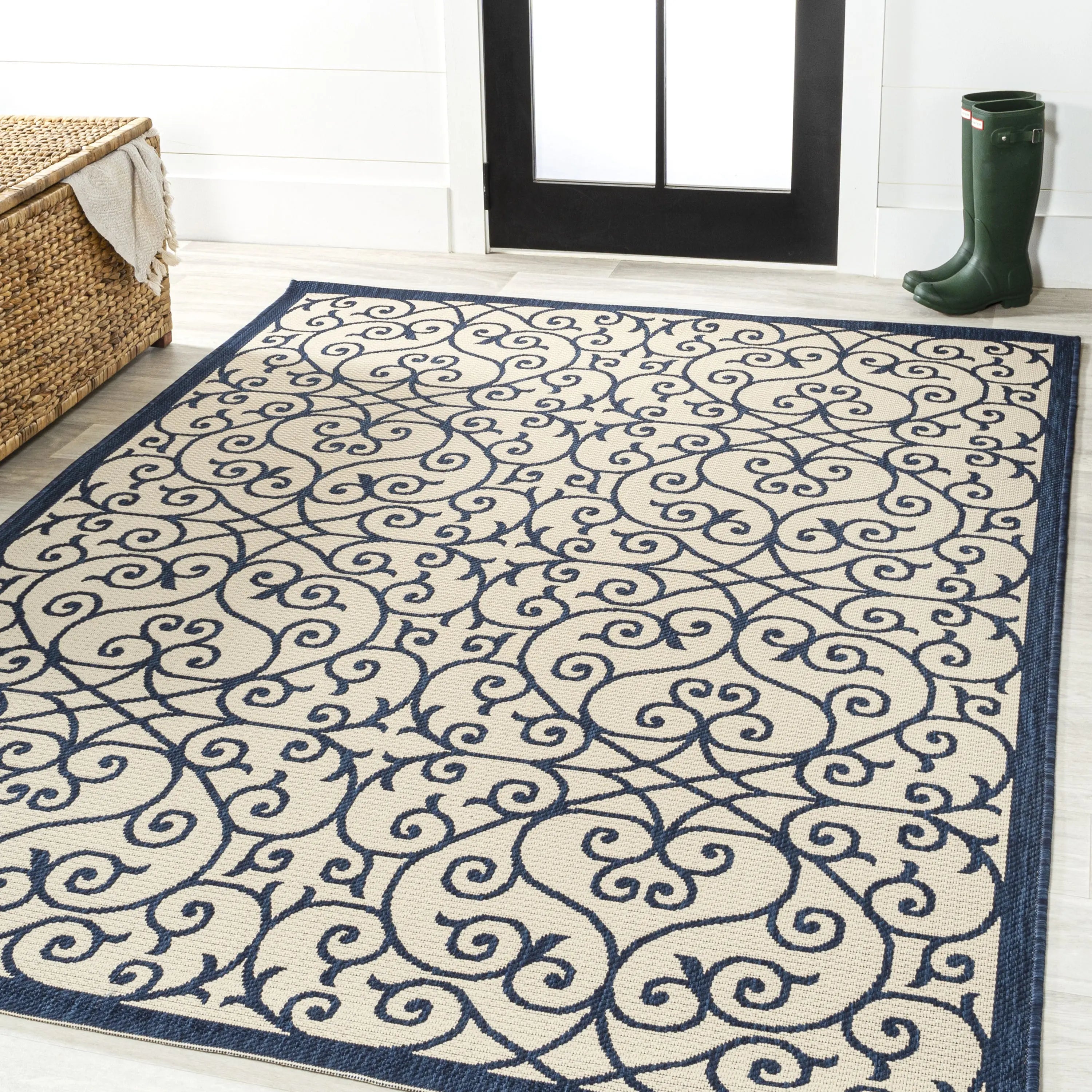 9' X 12' Navy Blue And Beige Geometric Indoor Outdoor Area Rug Homeroots Outdoor