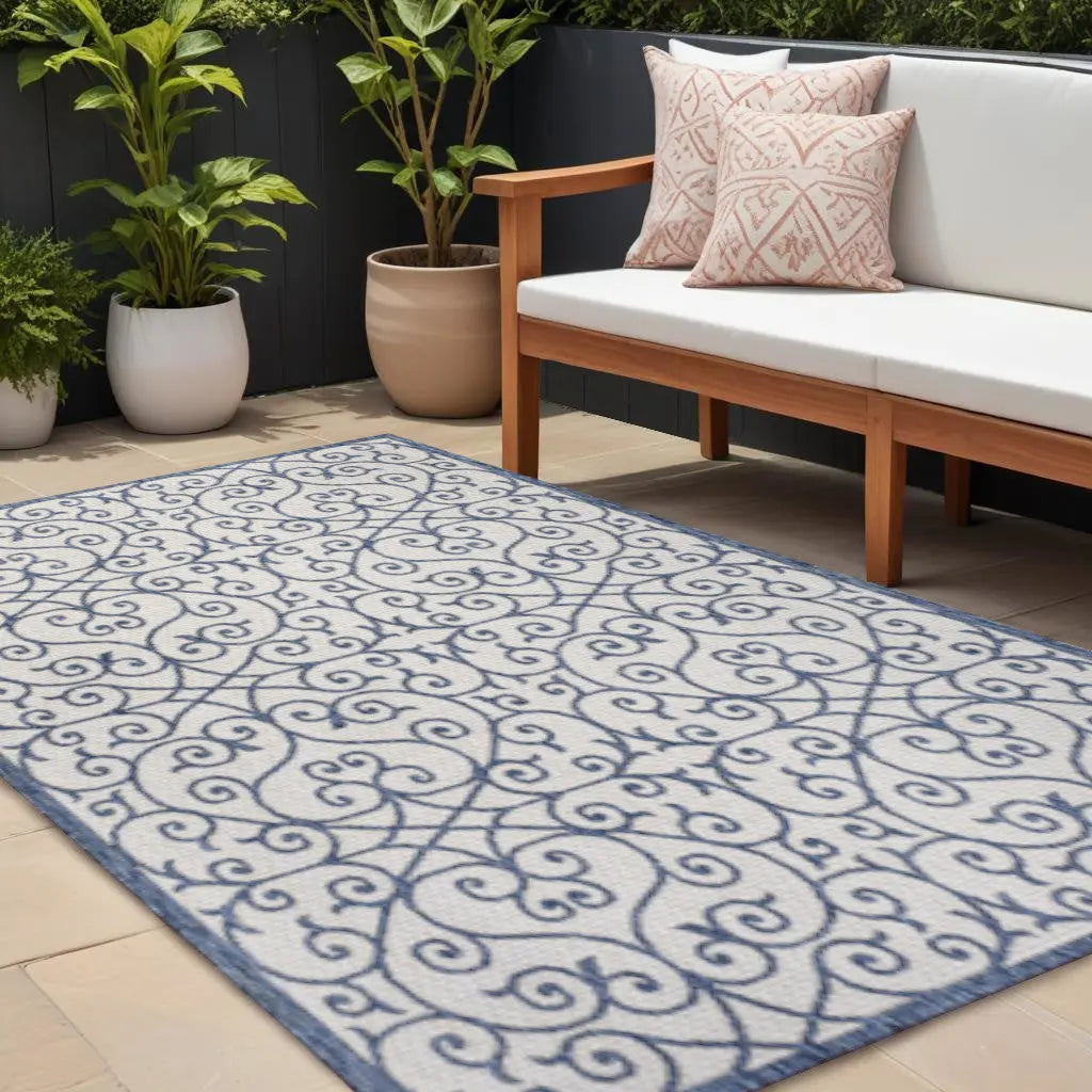9' X 12' Navy Blue And Beige Geometric Indoor Outdoor Area Rug Homeroots Outdoor