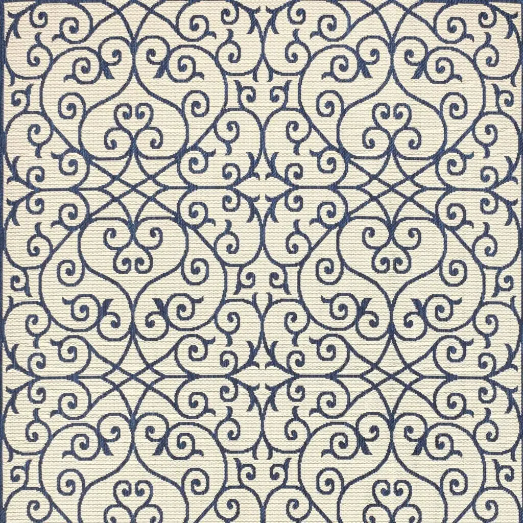 9' X 12' Navy Blue And Beige Geometric Indoor Outdoor Area Rug Homeroots Outdoor