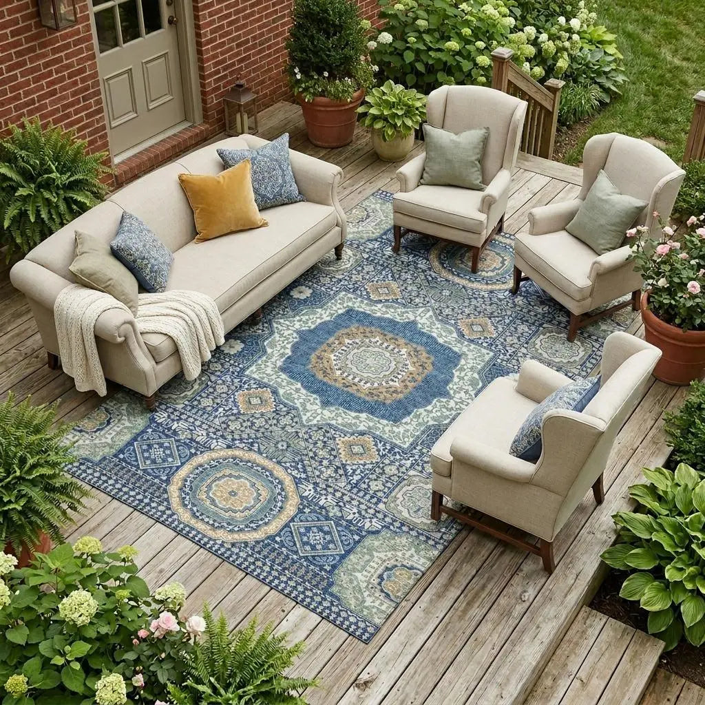 9' X 12' Navy Blue And Beige Oriental Washable Indoor Outdoor Area Rug Homeroots Outdoor