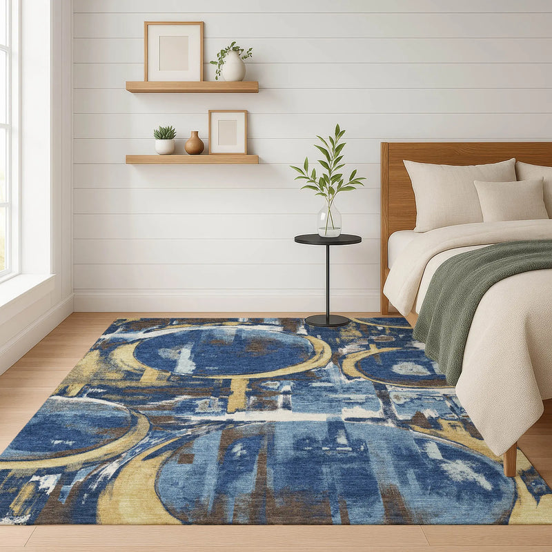 9' X 12' Navy Blue And Blue Abstract Washable Indoor Outdoor Area Rug Homeroots Outdoor