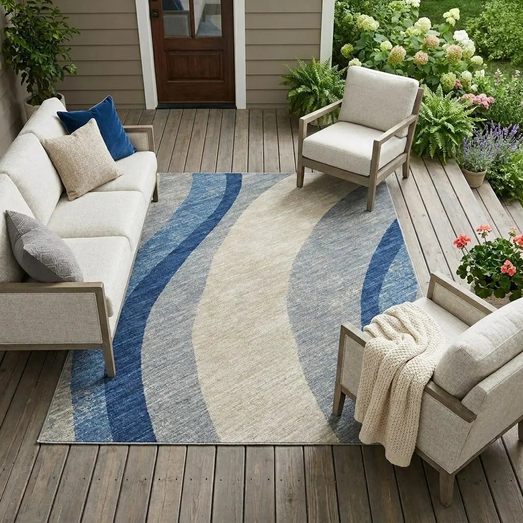 9' X 12' Navy Blue And Blue Abstract Washable Indoor Outdoor Area Rug Homeroots Outdoor