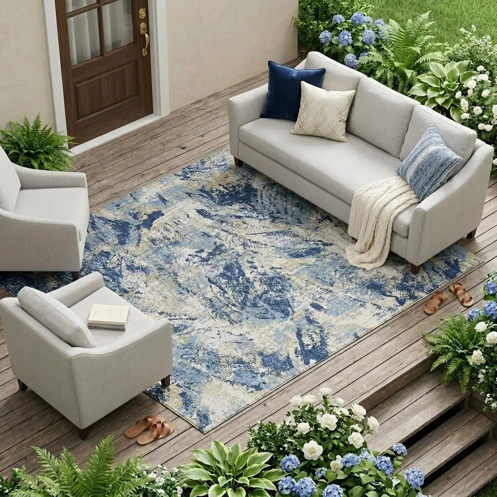 9' X 12' Navy Blue And Blue Abstract Washable Indoor Outdoor Area Rug Homeroots Outdoor