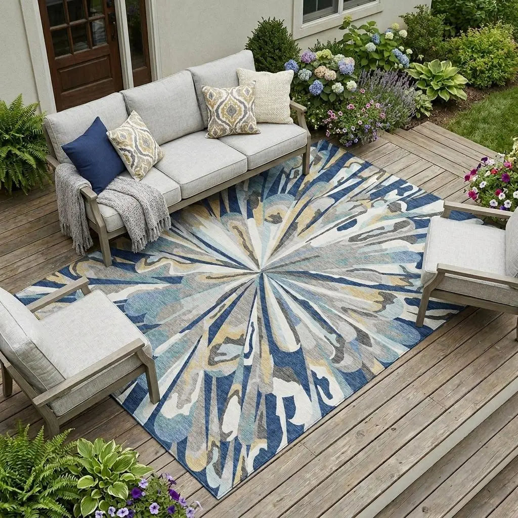 9' X 12' Navy Blue And Blue Abstract Washable Indoor Outdoor Area Rug Homeroots Outdoor