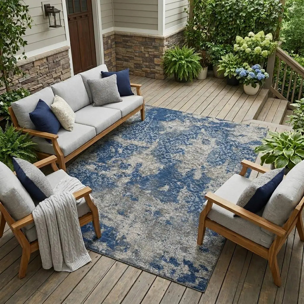 9' X 12' Navy Blue And Blue Abstract Washable Indoor Outdoor Area Rug Homeroots Outdoor