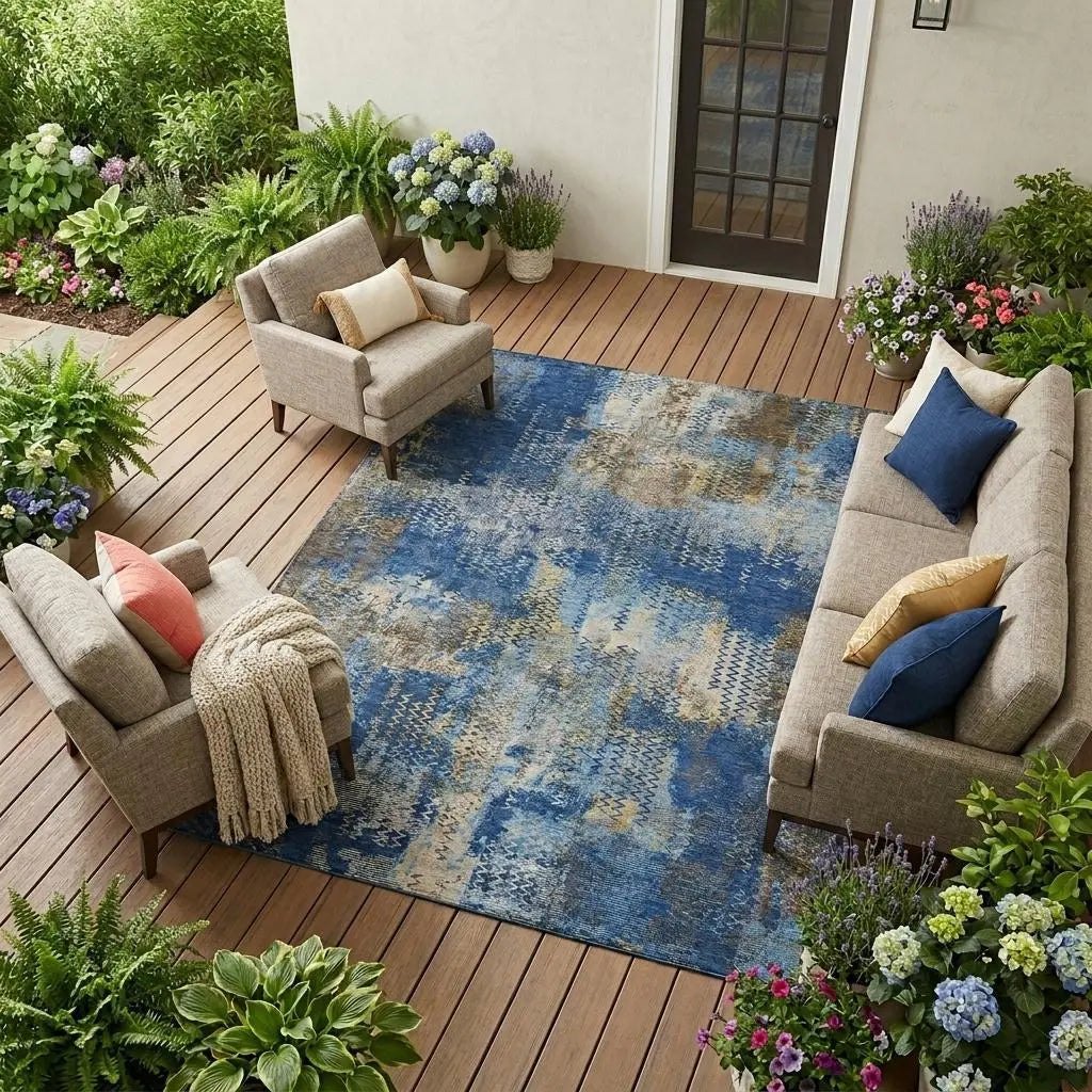 9' X 12' Navy Blue And Blue Abstract Washable Indoor Outdoor Area Rug Homeroots Outdoor