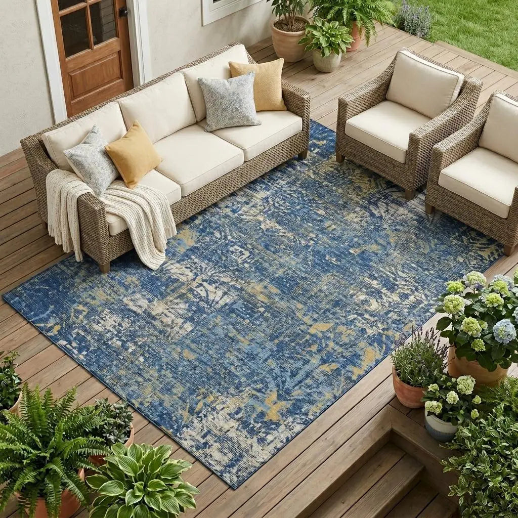 9' X 12' Navy Blue And Blue Abstract Washable Indoor Outdoor Area Rug Homeroots Outdoor