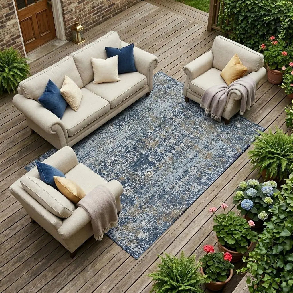 9' X 12' Navy Blue And Blue Abstract Washable Indoor Outdoor Area Rug Homeroots Outdoor