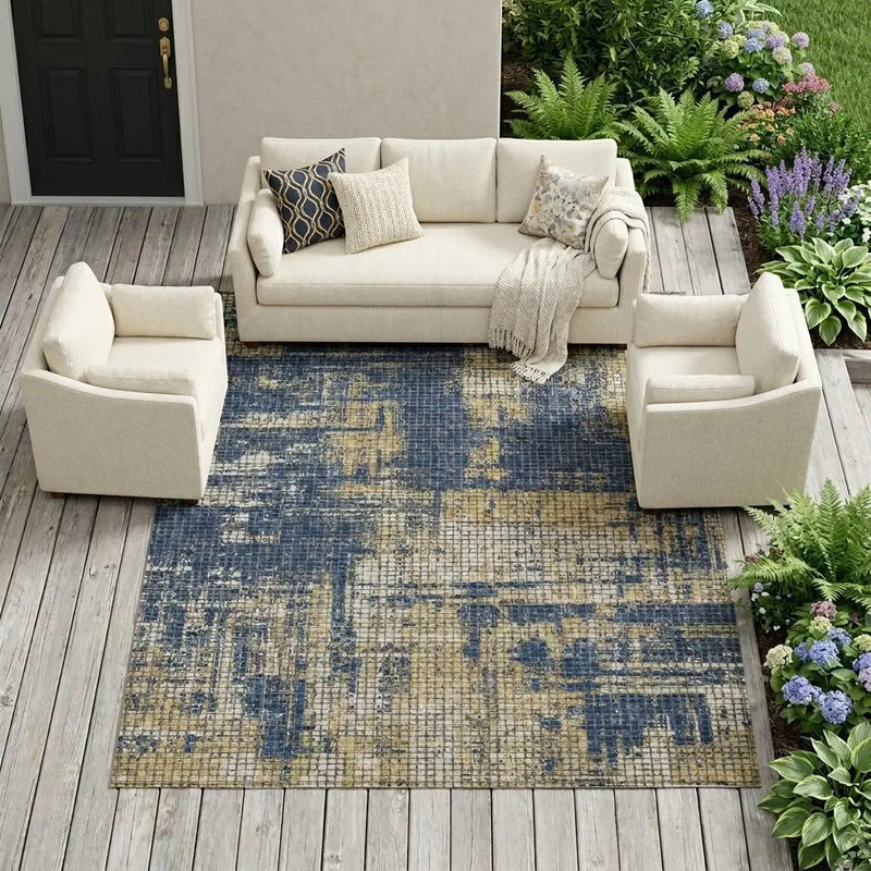 9' X 12' Navy Blue And Blue Abstract Washable Indoor Outdoor Area Rug Homeroots Outdoor