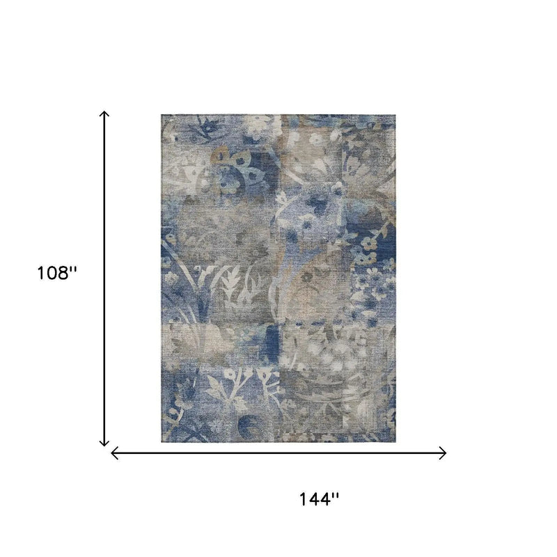 9' X 12' Navy Blue And Blue Botanical Leaves Washable Indoor Outdoor Area Rug Homeroots Outdoor