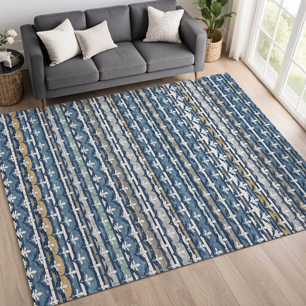 9' X 12' Navy Blue And Blue Damask Washable Indoor Outdoor Area Rug Homeroots Outdoor