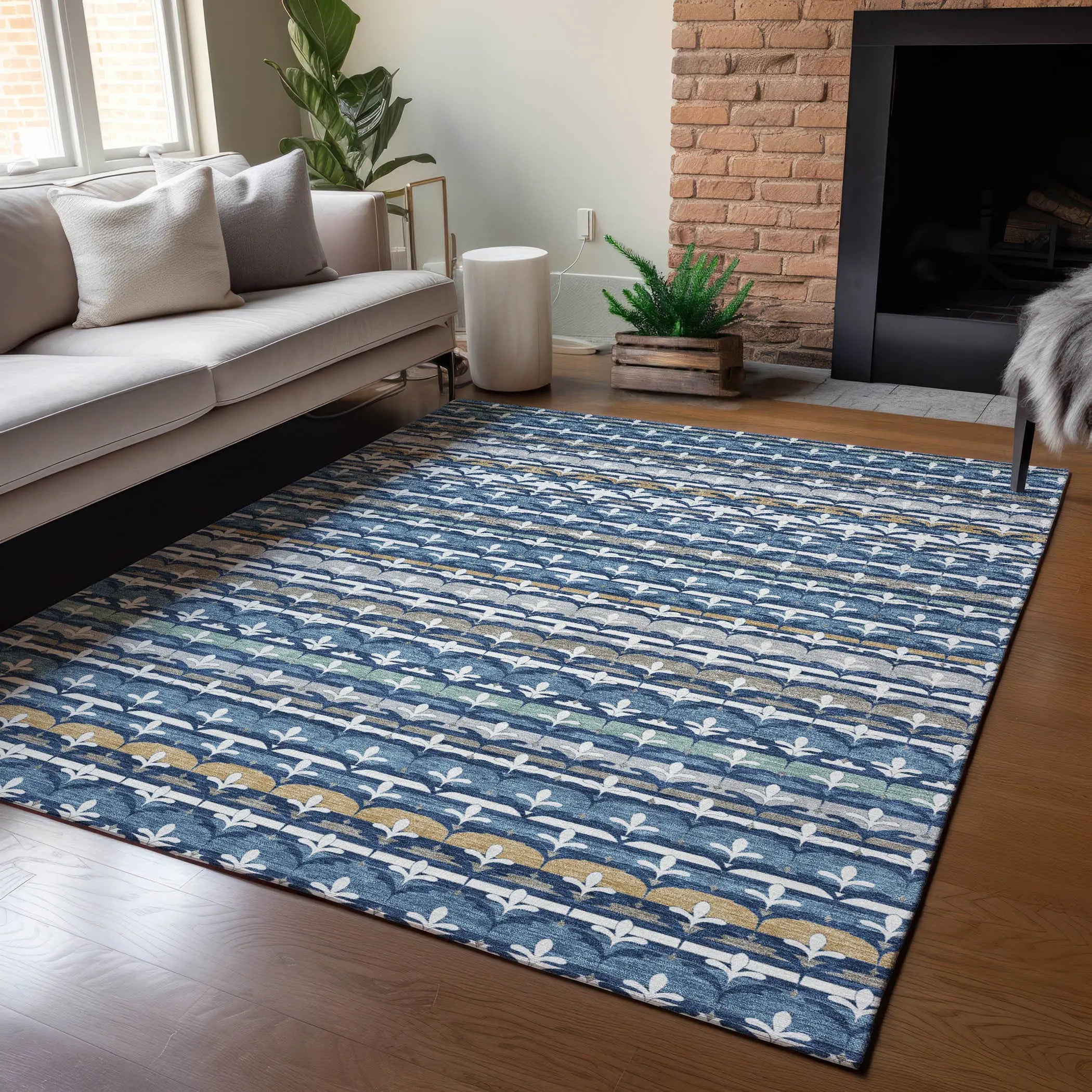 9' X 12' Navy Blue And Blue Damask Washable Indoor Outdoor Area Rug Homeroots Outdoor