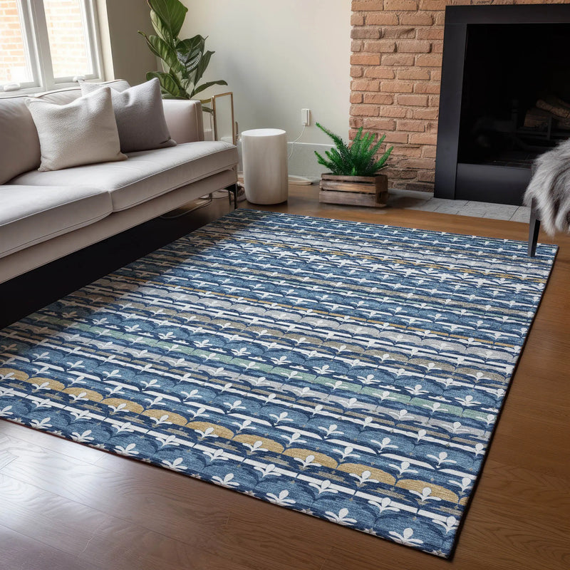 9' X 12' Navy Blue And Blue Damask Washable Indoor Outdoor Area Rug Homeroots Outdoor