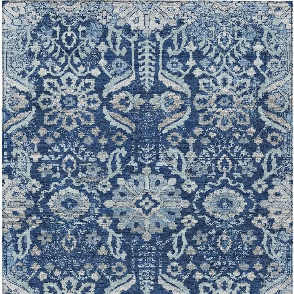 9' X 12' Navy Blue And Blue Damask Washable Indoor Outdoor Area Rug Homeroots Outdoor