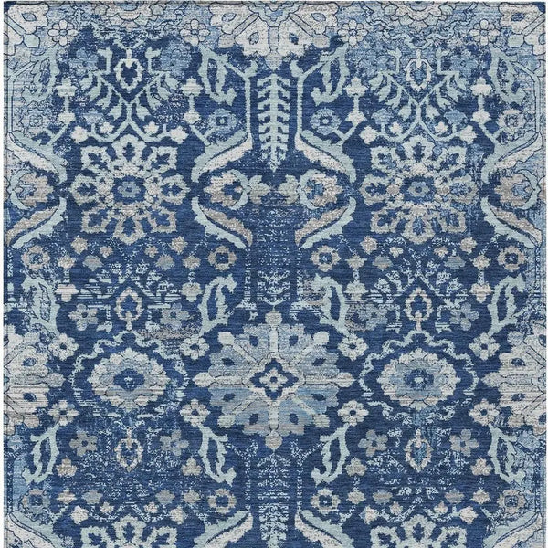 9' X 12' Navy Blue And Blue Damask Washable Indoor Outdoor Area Rug Homeroots Outdoor