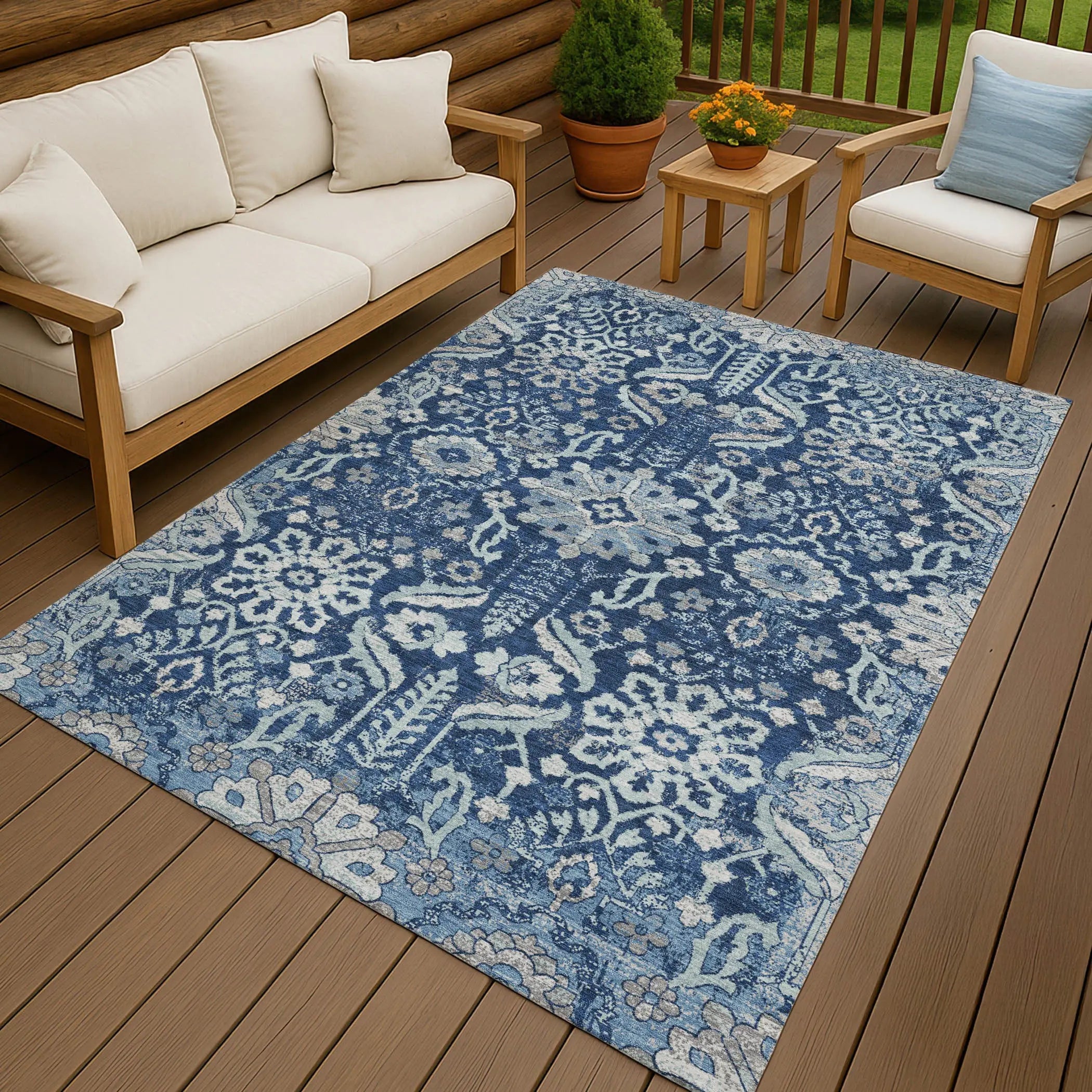 9' X 12' Navy Blue And Blue Damask Washable Indoor Outdoor Area Rug Homeroots Outdoor