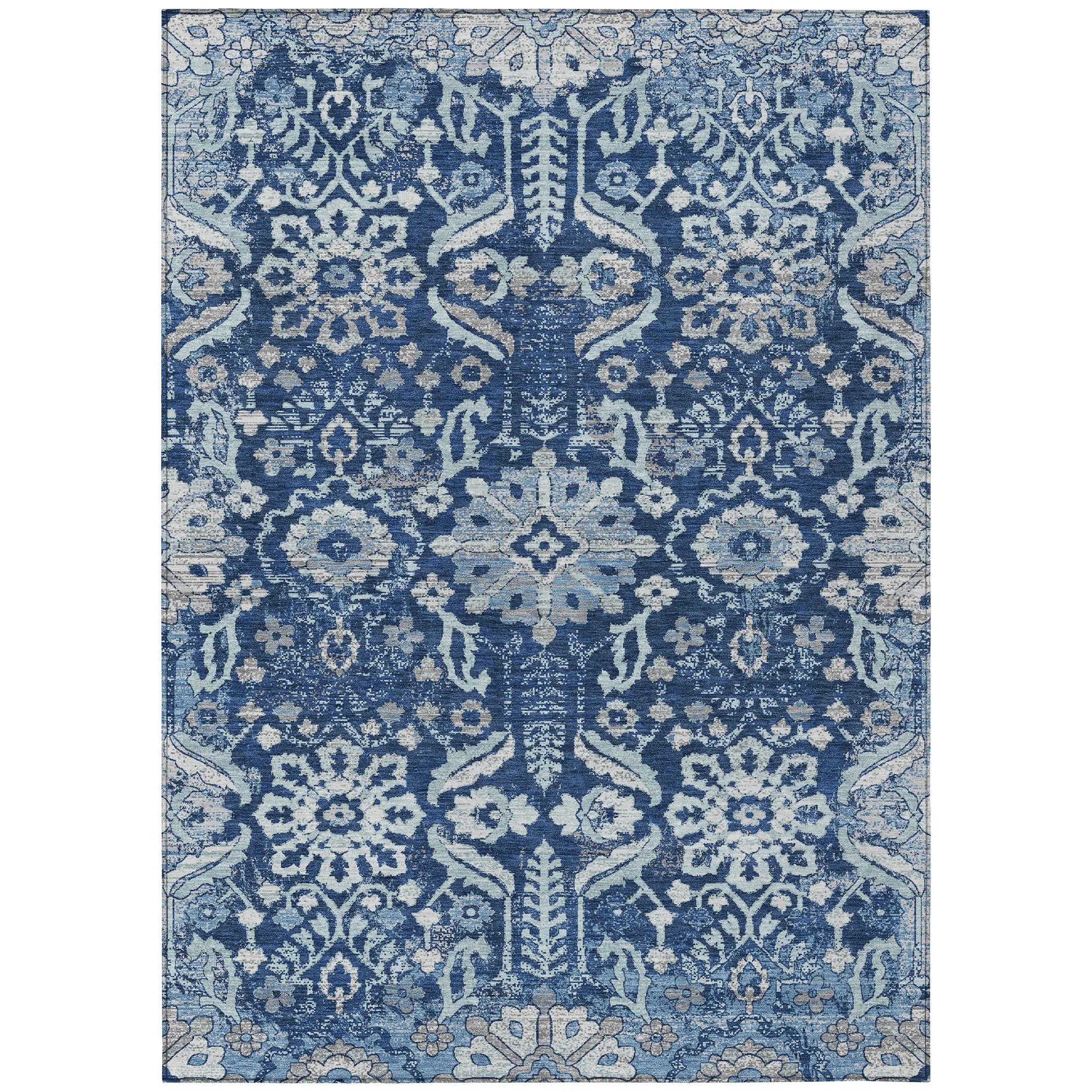 9' X 12' Navy Blue And Blue Damask Washable Indoor Outdoor Area Rug Homeroots Outdoor