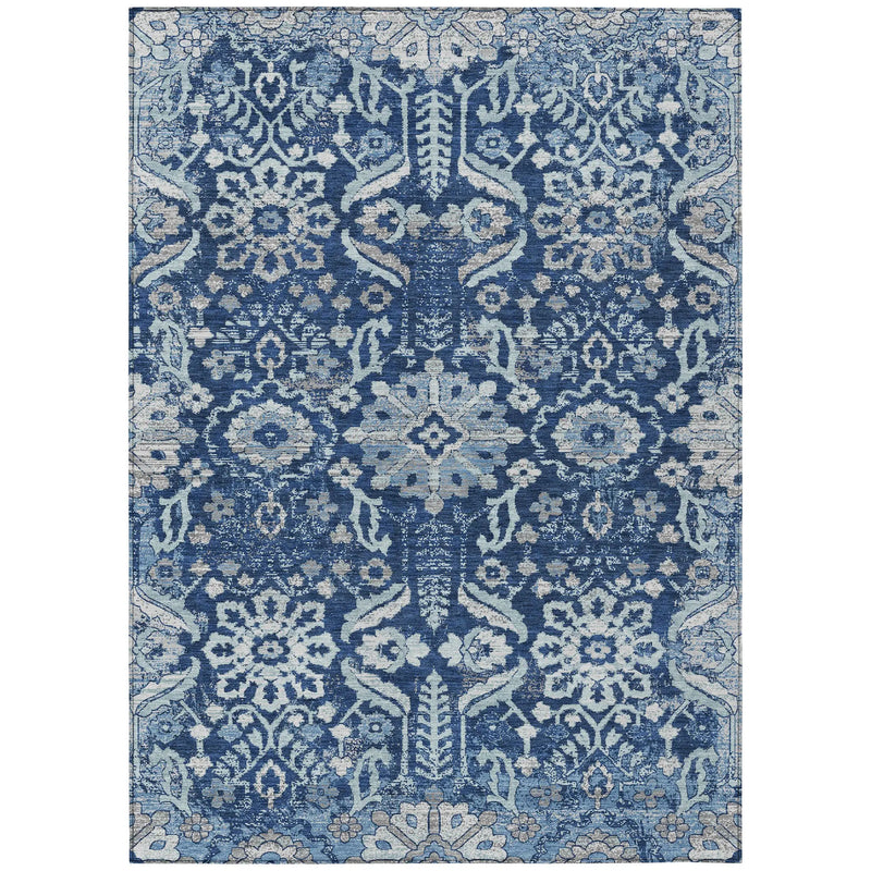 9' X 12' Navy Blue And Blue Damask Washable Indoor Outdoor Area Rug Homeroots Outdoor