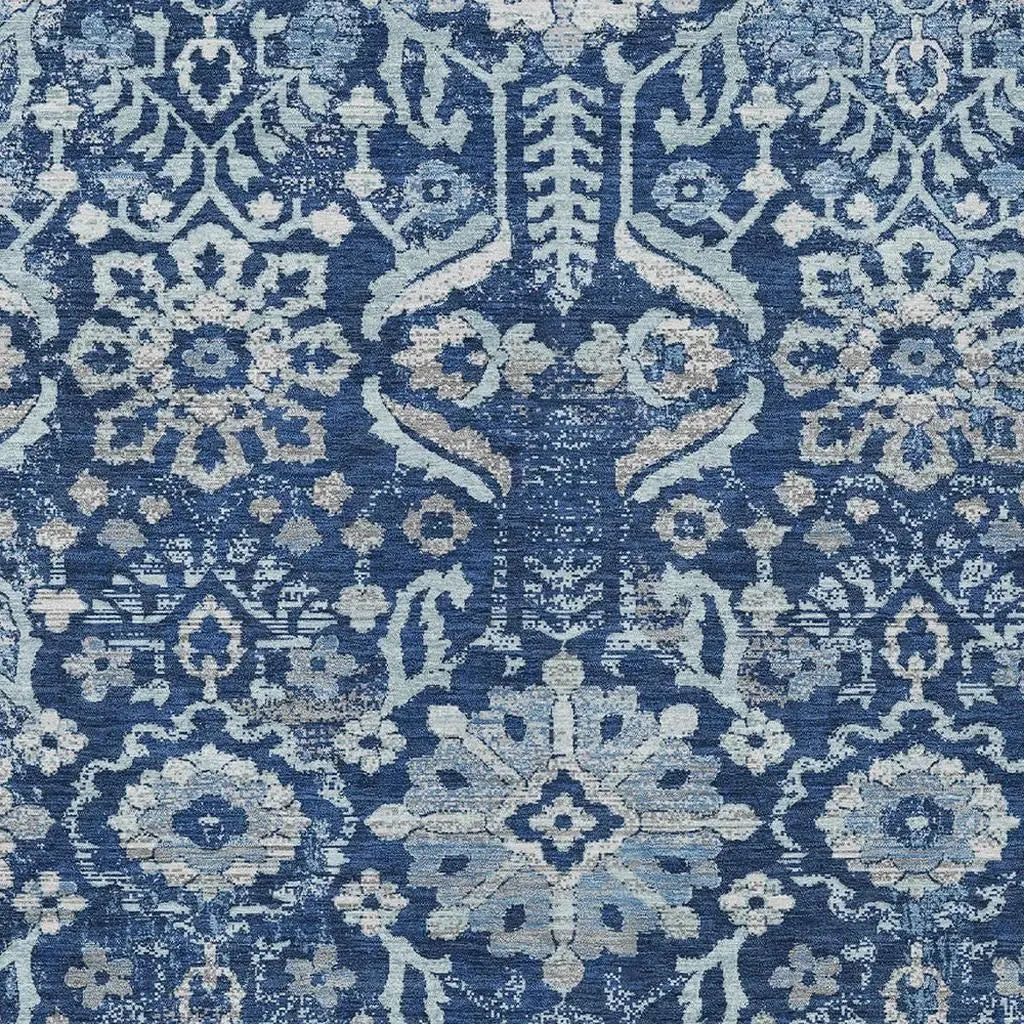 9' X 12' Navy Blue And Blue Damask Washable Indoor Outdoor Area Rug Homeroots Outdoor