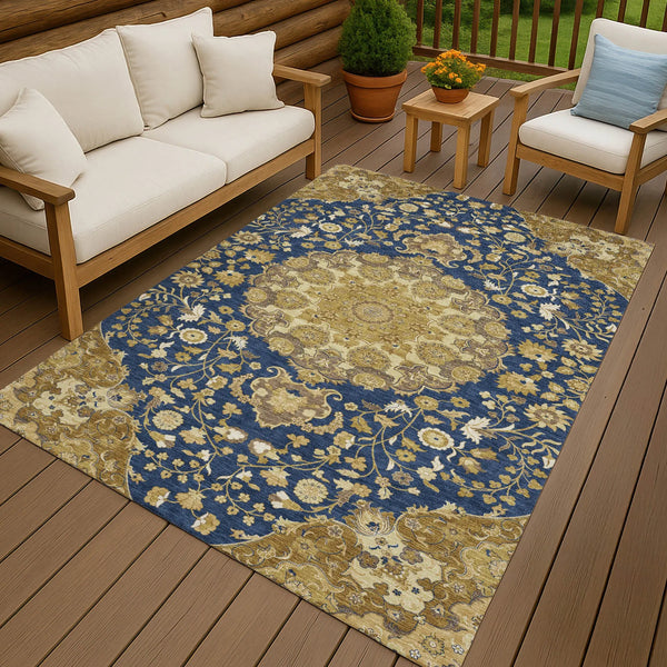 9' X 12' Navy Blue And Blue Damask Washable Indoor Outdoor Area Rug Homeroots Outdoor