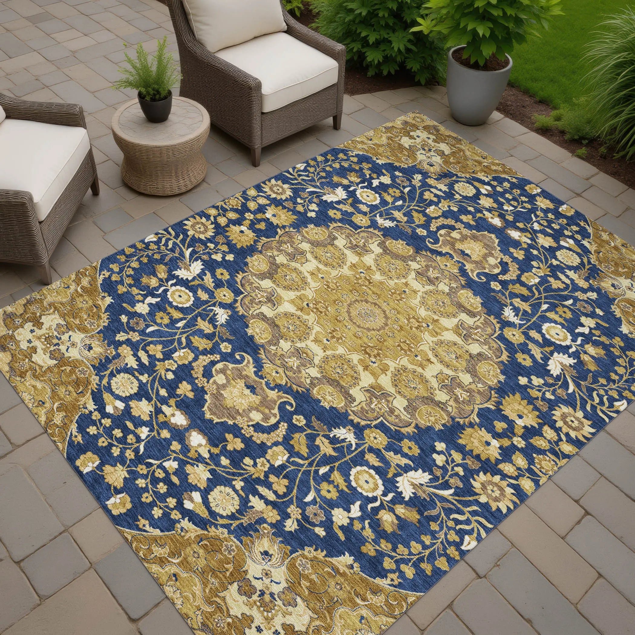 9' X 12' Navy Blue And Blue Damask Washable Indoor Outdoor Area Rug Homeroots Outdoor