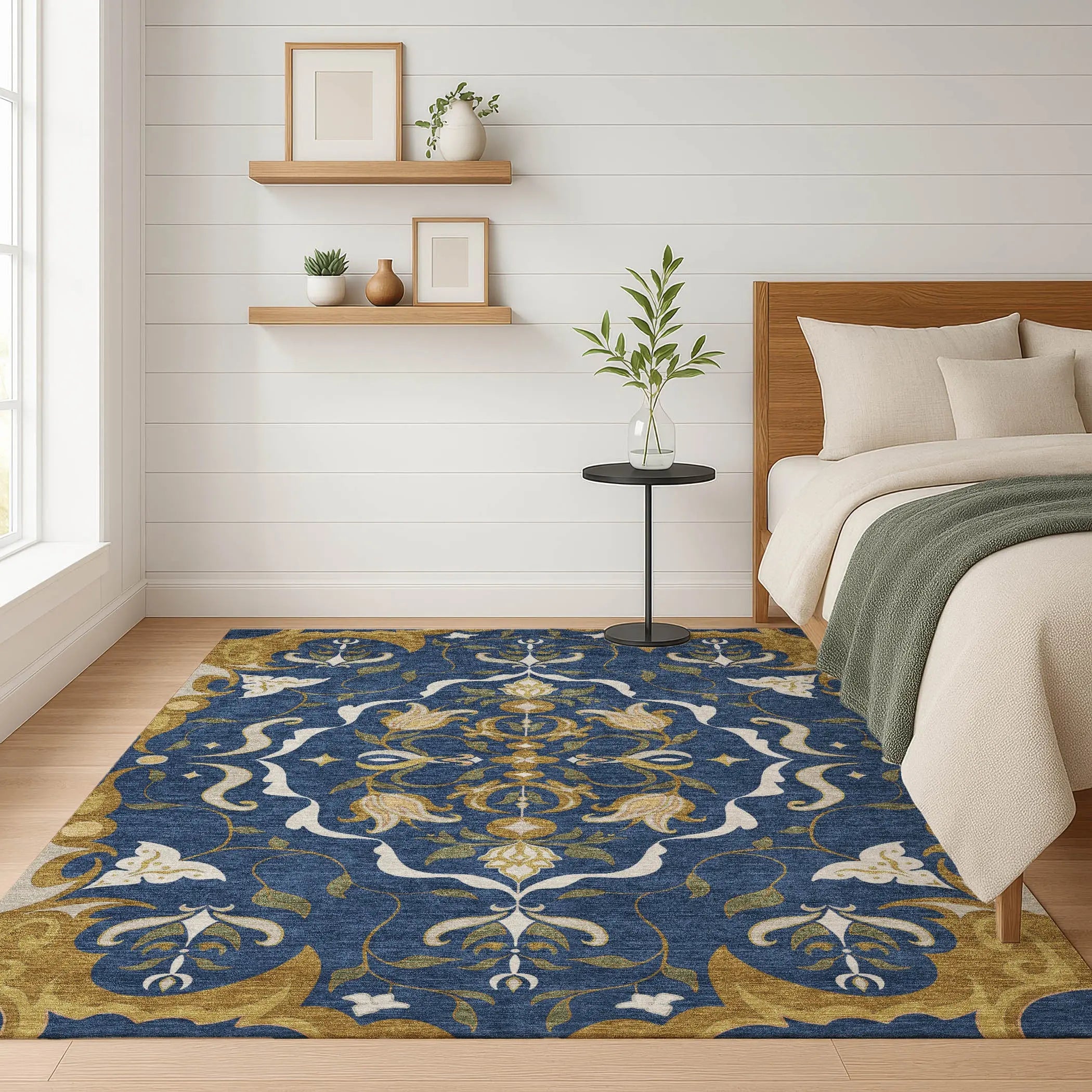 9' X 12' Navy Blue And Blue Damask Washable Indoor Outdoor Area Rug Homeroots Outdoor