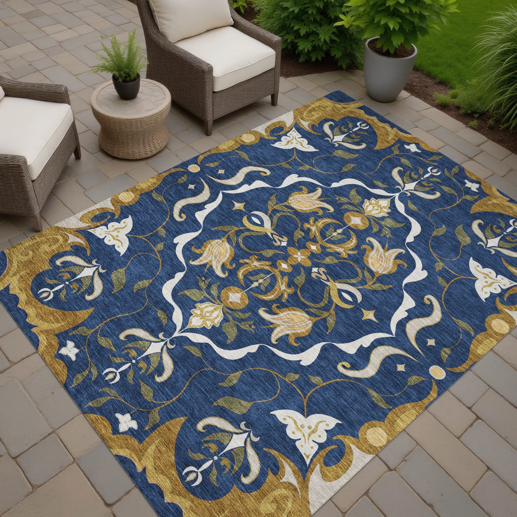 9' X 12' Navy Blue And Blue Damask Washable Indoor Outdoor Area Rug Homeroots Outdoor