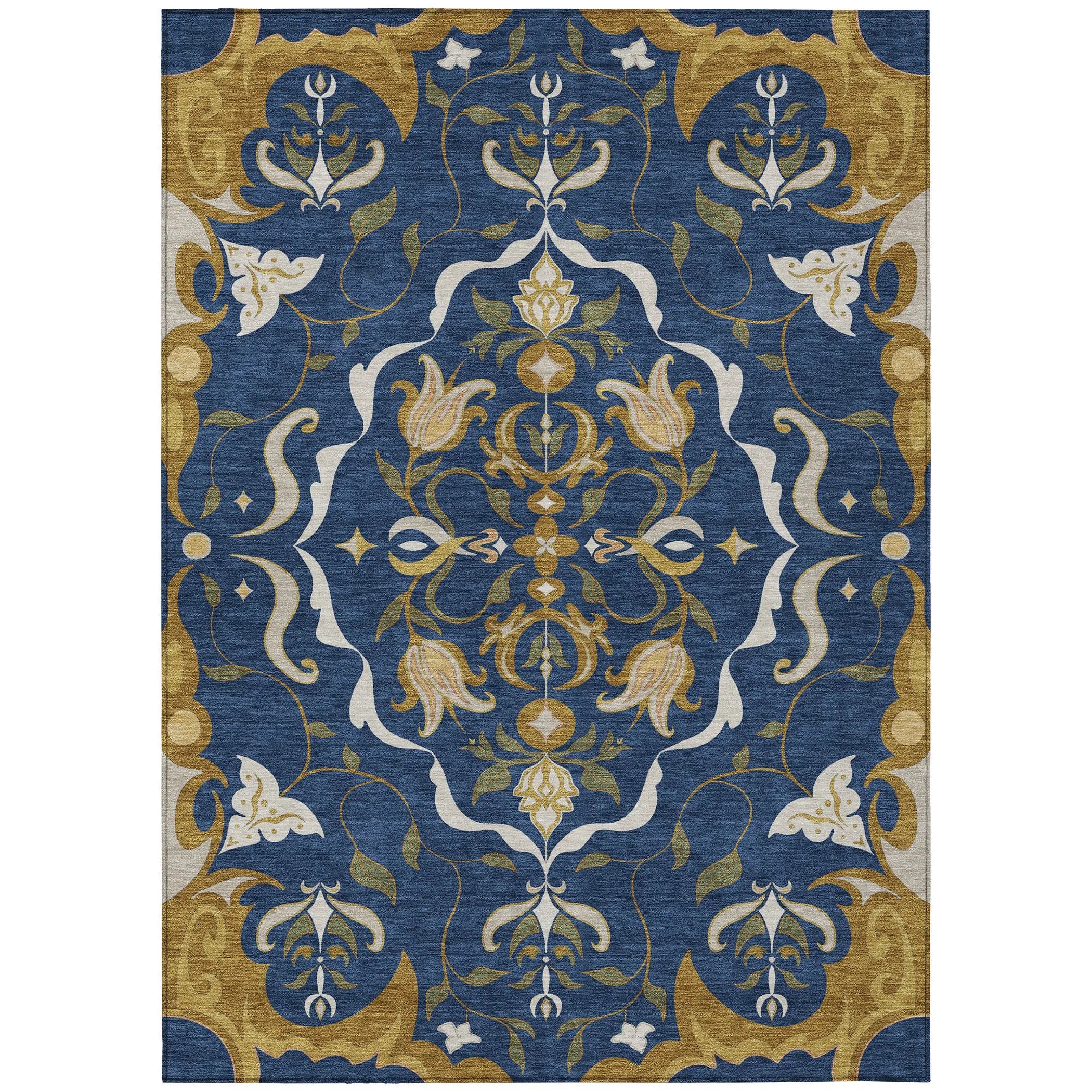 9' X 12' Navy Blue And Blue Damask Washable Indoor Outdoor Area Rug Homeroots Outdoor