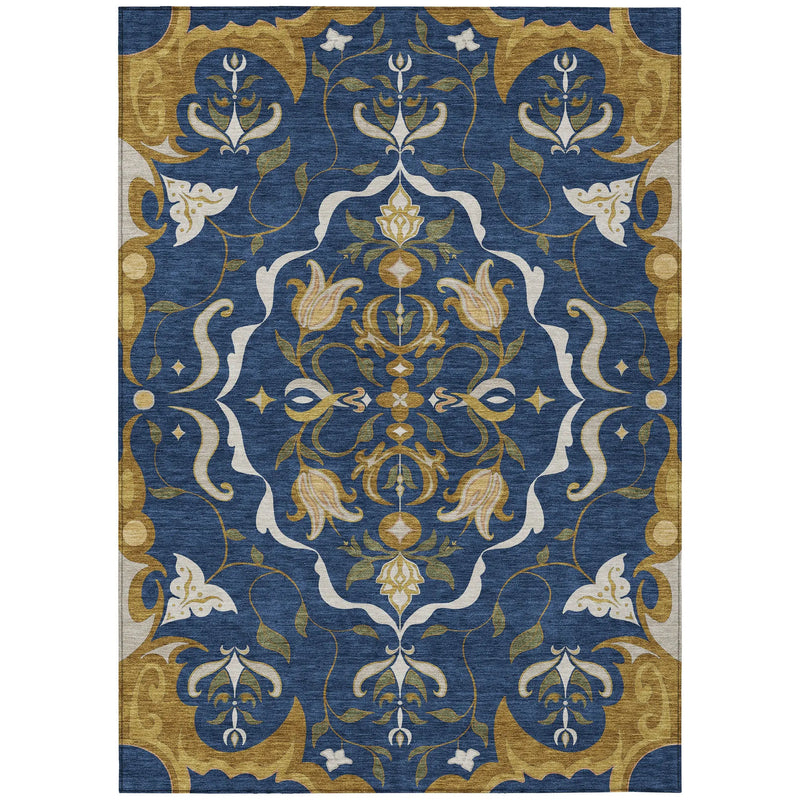 9' X 12' Navy Blue And Blue Damask Washable Indoor Outdoor Area Rug Homeroots Outdoor