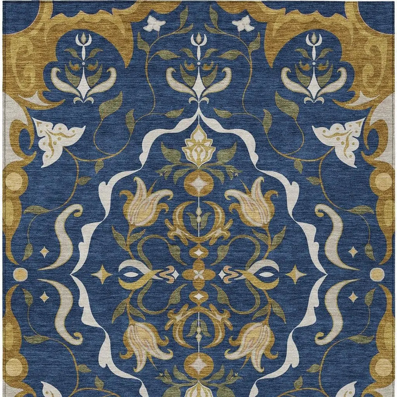 9' X 12' Navy Blue And Blue Damask Washable Indoor Outdoor Area Rug Homeroots Outdoor