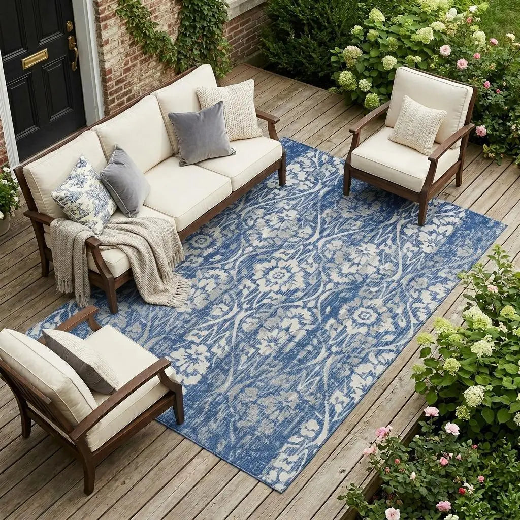 9' X 12' Navy Blue And Blue Damask Washable Indoor Outdoor Area Rug Homeroots Outdoor