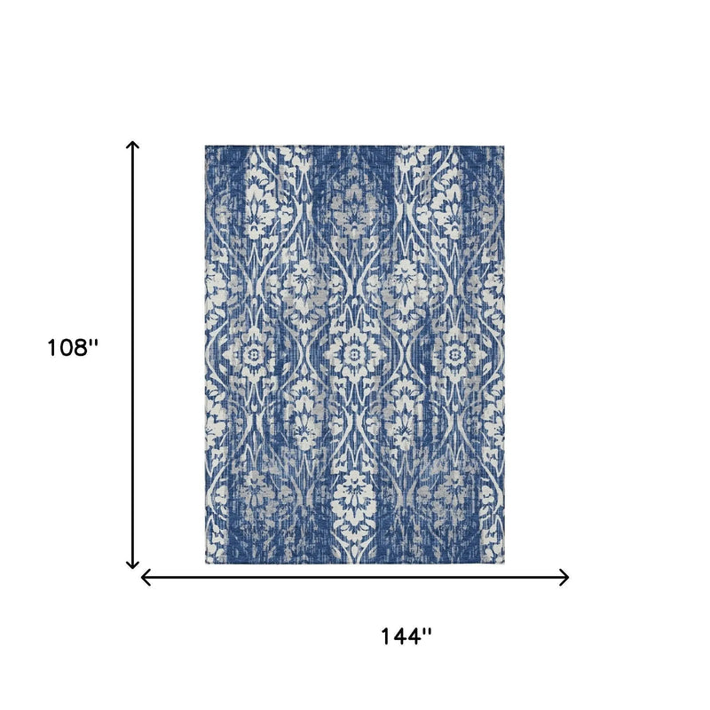 9' X 12' Navy Blue And Blue Damask Washable Indoor Outdoor Area Rug Homeroots Outdoor