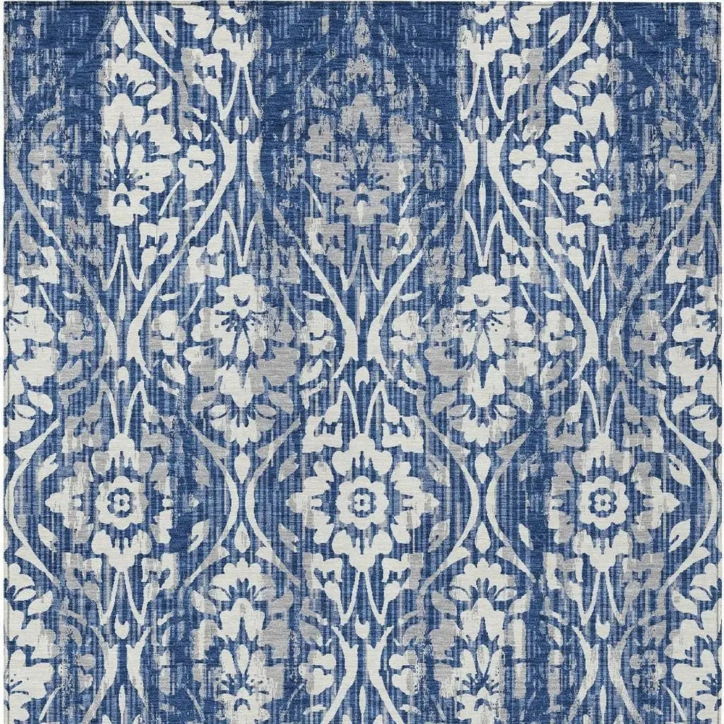 9' X 12' Navy Blue And Blue Damask Washable Indoor Outdoor Area Rug Homeroots Outdoor