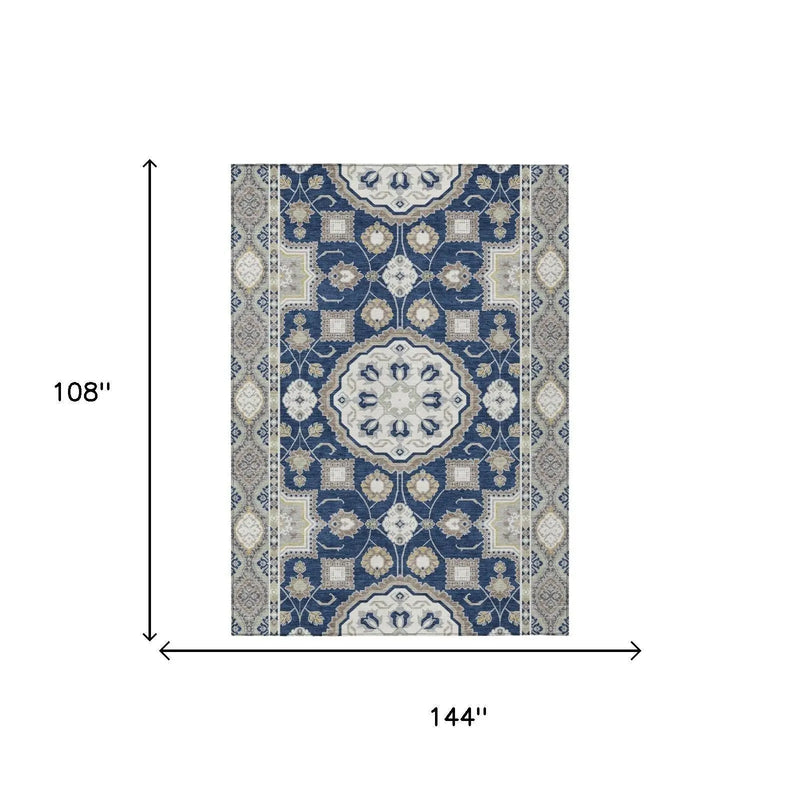 9' X 12' Navy Blue And Blue Floral Medallion Washable Indoor Outdoor Area Rug Homeroots Outdoor