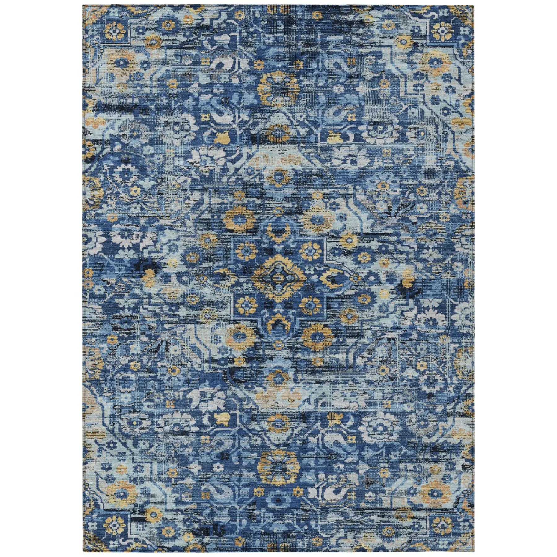 9' X 12' Navy Blue And Blue Floral Medallion Washable Indoor Outdoor Area Rug Homeroots Outdoor