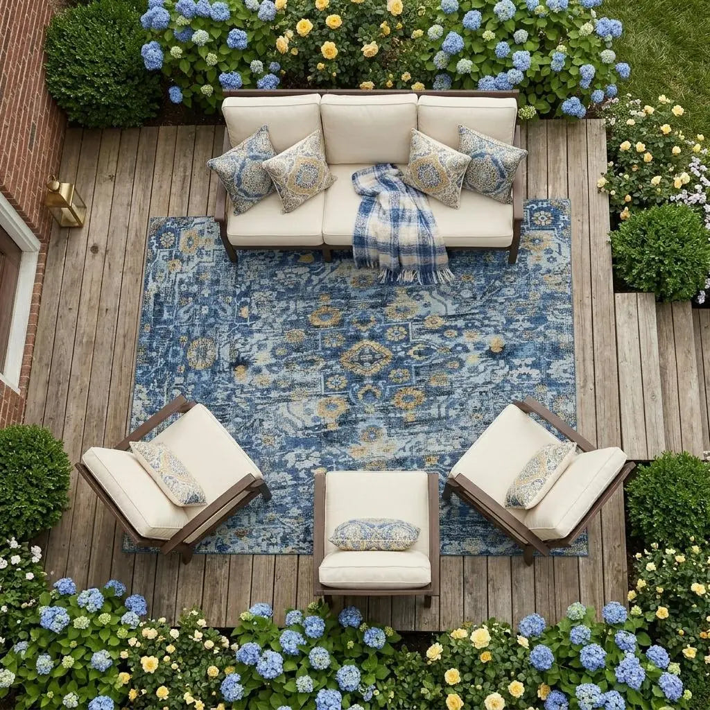 9' X 12' Navy Blue And Blue Floral Medallion Washable Indoor Outdoor Area Rug Homeroots Outdoor