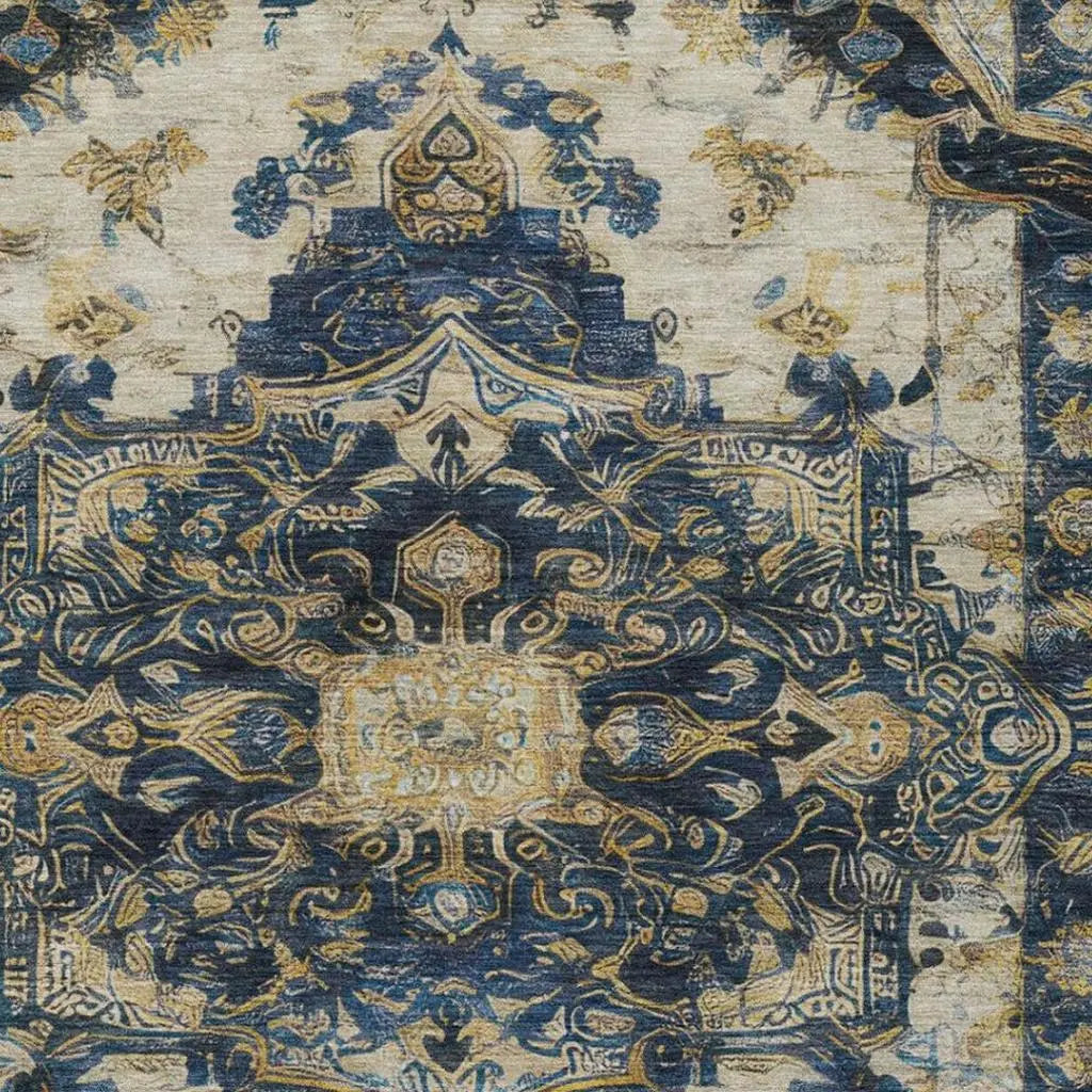 9' X 12' Navy Blue And Blue Floral Medallion Washable Indoor Outdoor Area Rug Homeroots Outdoor