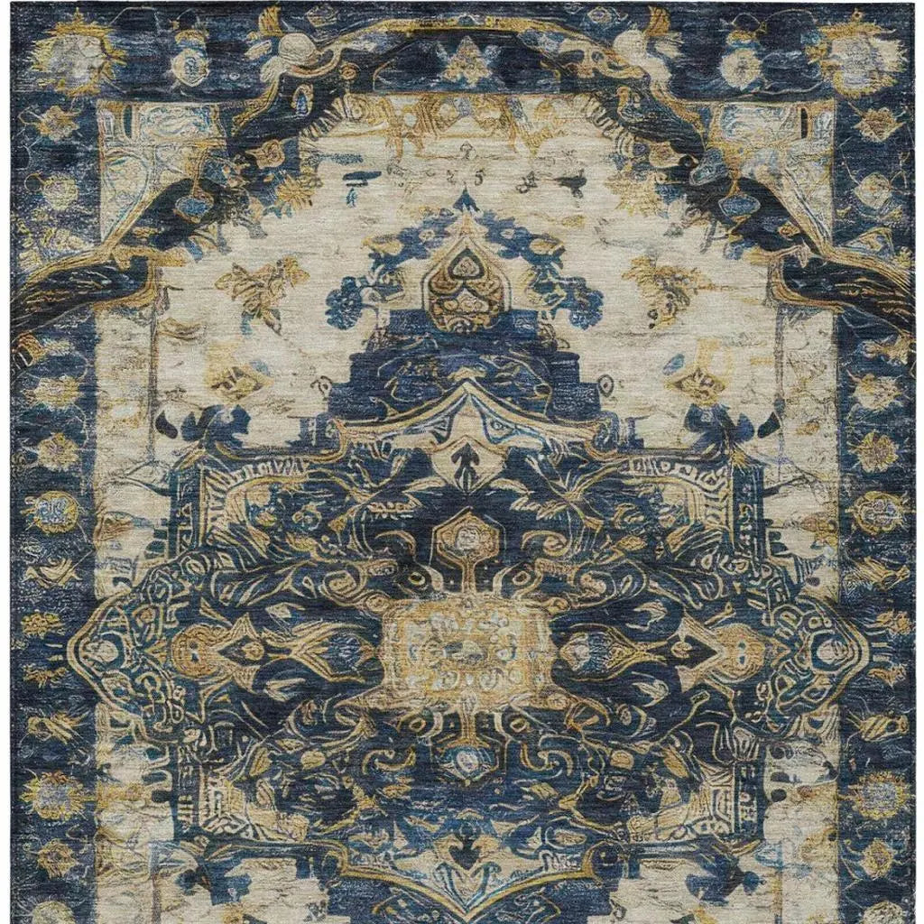 9' X 12' Navy Blue And Blue Floral Medallion Washable Indoor Outdoor Area Rug Homeroots Outdoor