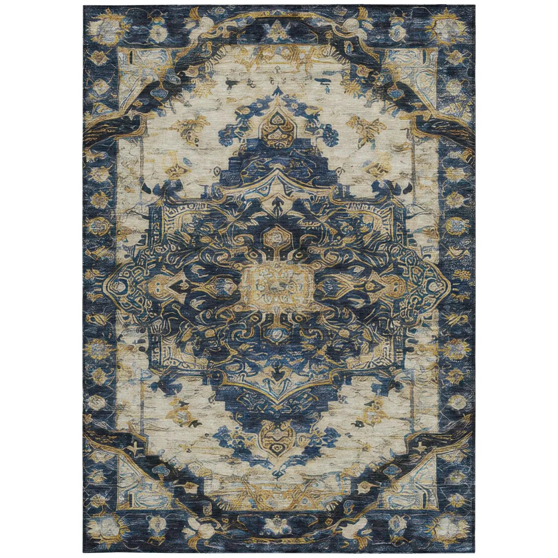 9' X 12' Navy Blue And Blue Floral Medallion Washable Indoor Outdoor Area Rug Homeroots Outdoor