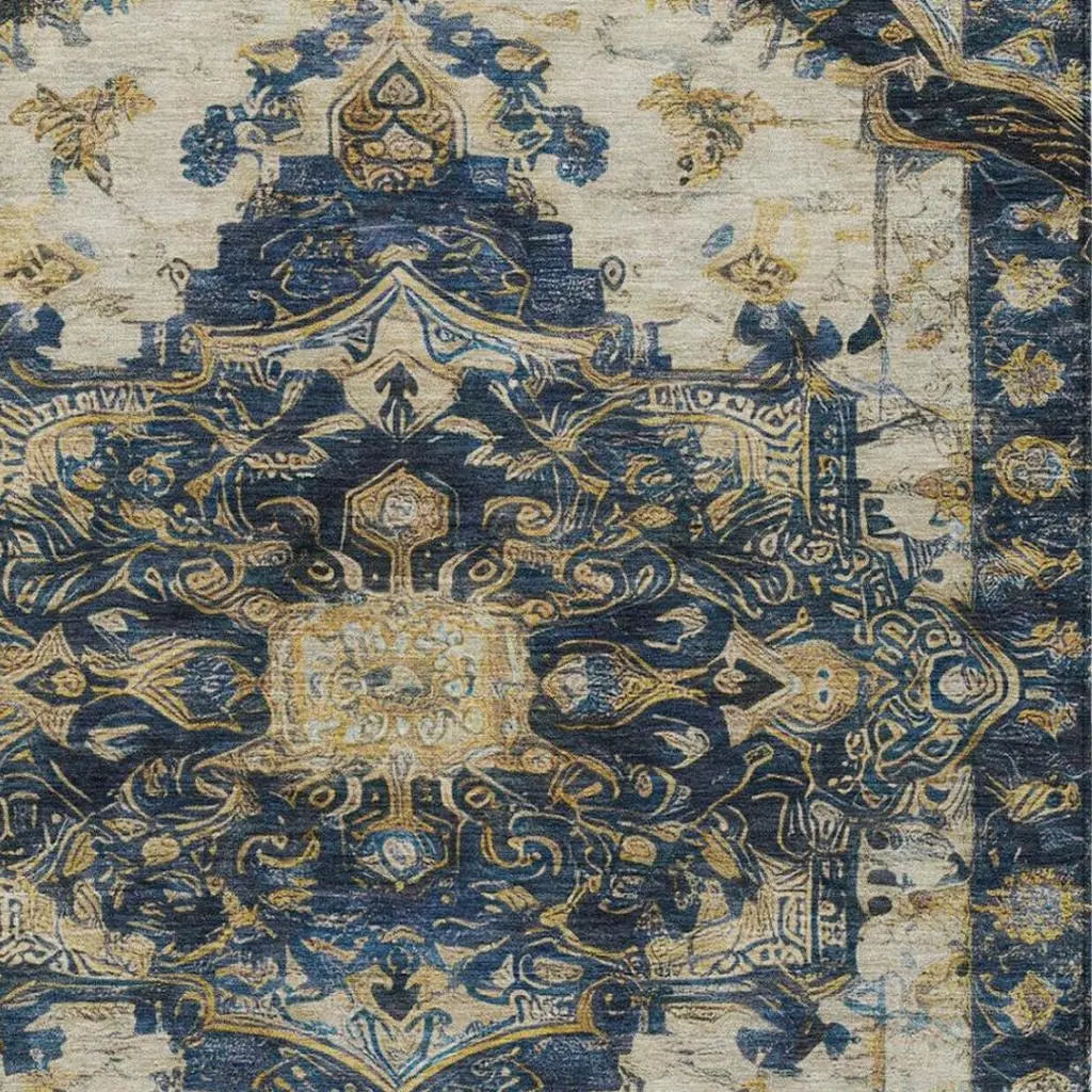 9' X 12' Navy Blue And Blue Floral Medallion Washable Indoor Outdoor Area Rug Homeroots Outdoor