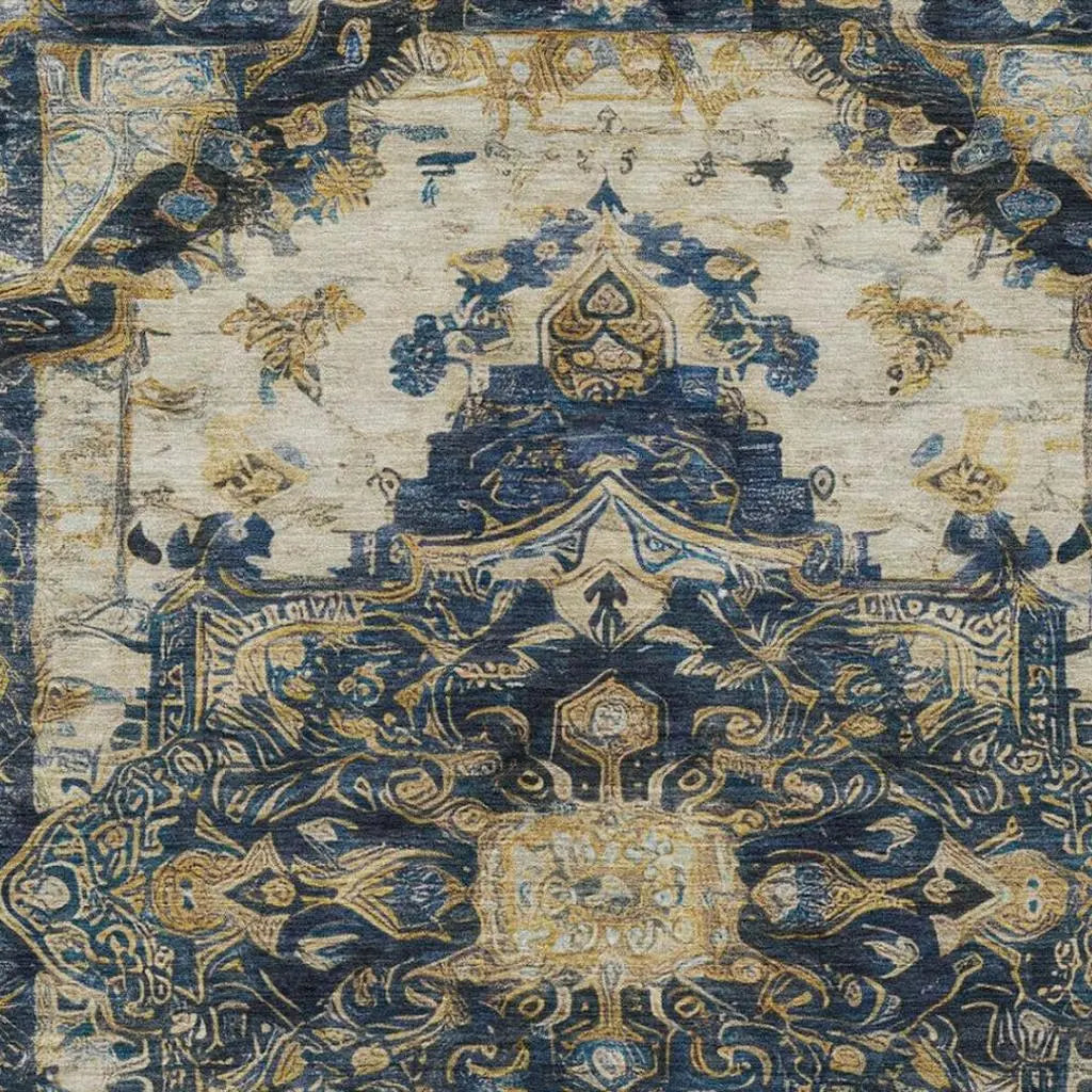 9' X 12' Navy Blue And Blue Floral Medallion Washable Indoor Outdoor Area Rug Homeroots Outdoor