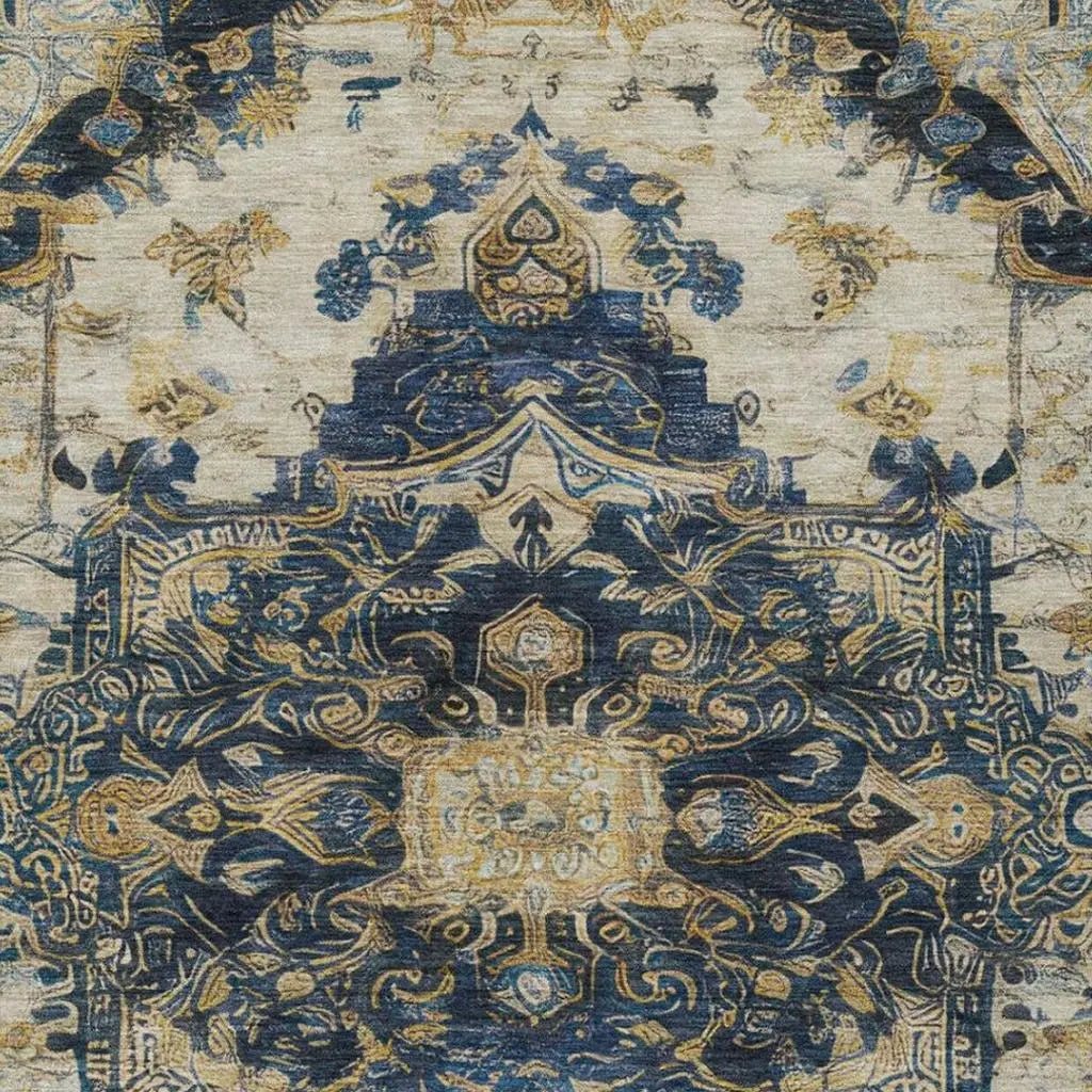 9' X 12' Navy Blue And Blue Floral Medallion Washable Indoor Outdoor Area Rug Homeroots Outdoor
