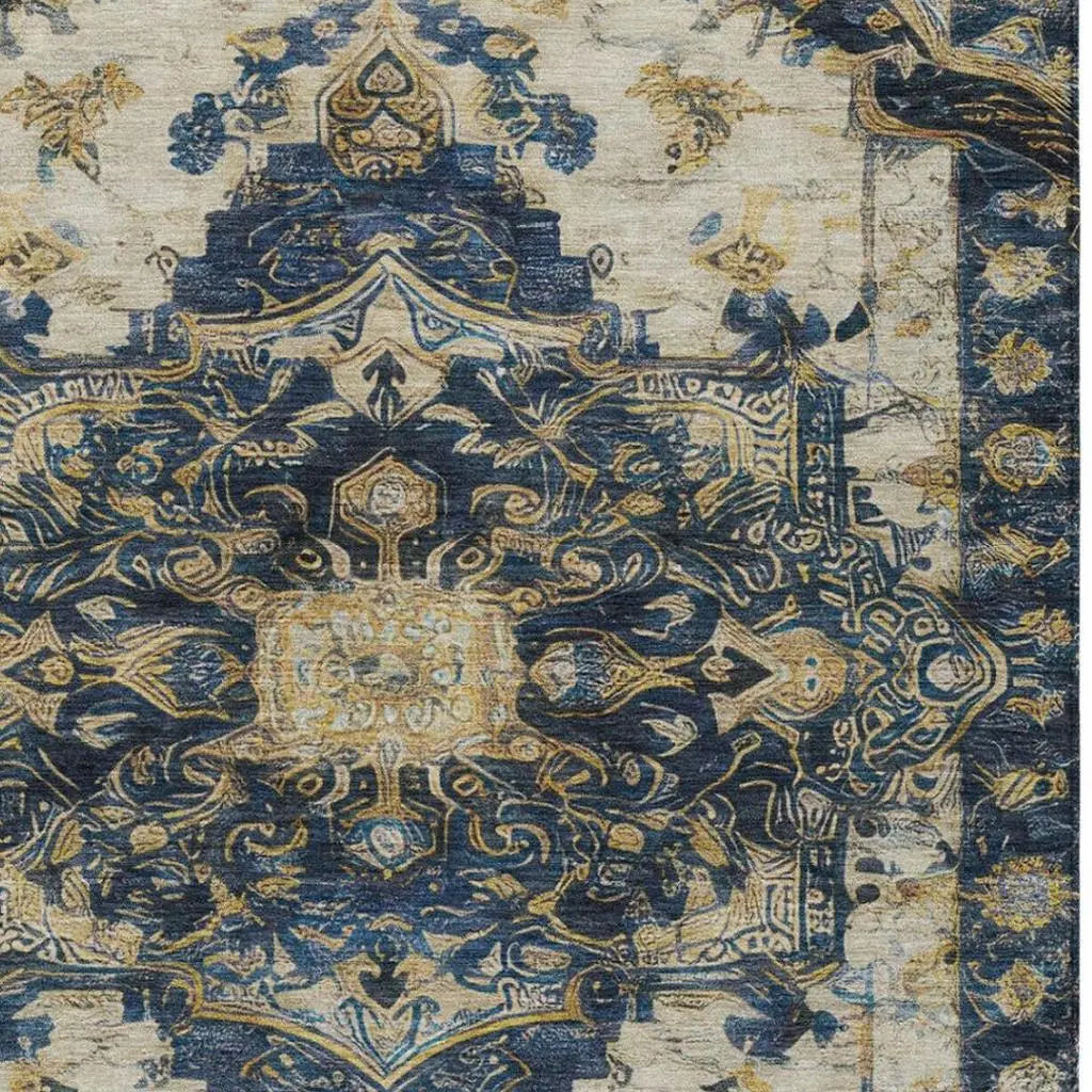 9' X 12' Navy Blue And Blue Floral Medallion Washable Indoor Outdoor Area Rug Homeroots Outdoor