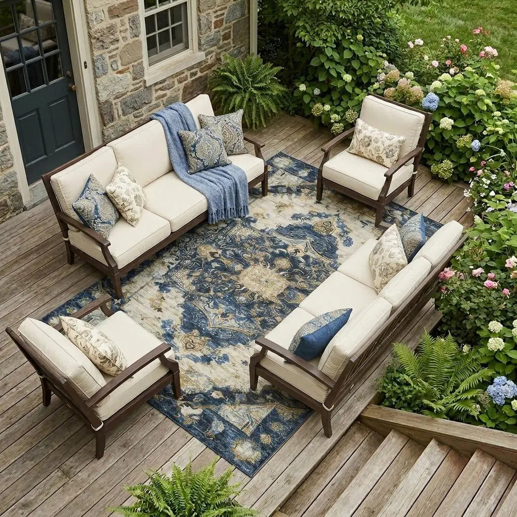 9' X 12' Navy Blue And Blue Floral Medallion Washable Indoor Outdoor Area Rug Homeroots Outdoor