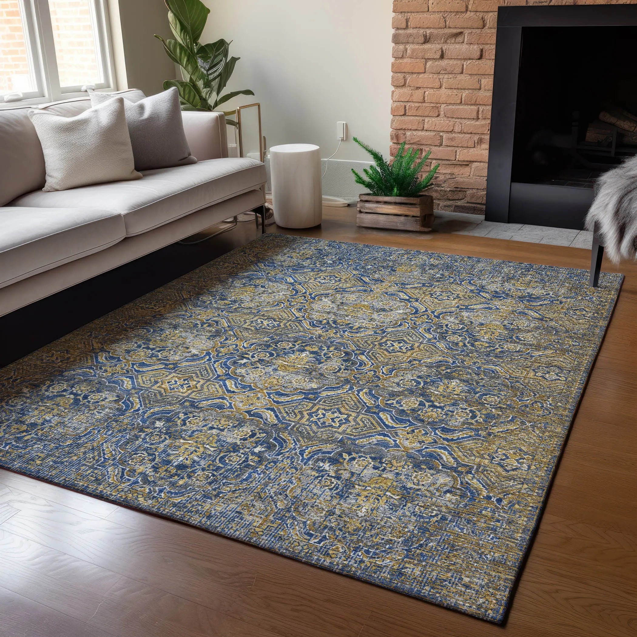 9' X 12' Navy Blue And Blue Floral Washable Indoor Outdoor Area Rug Homeroots Outdoor